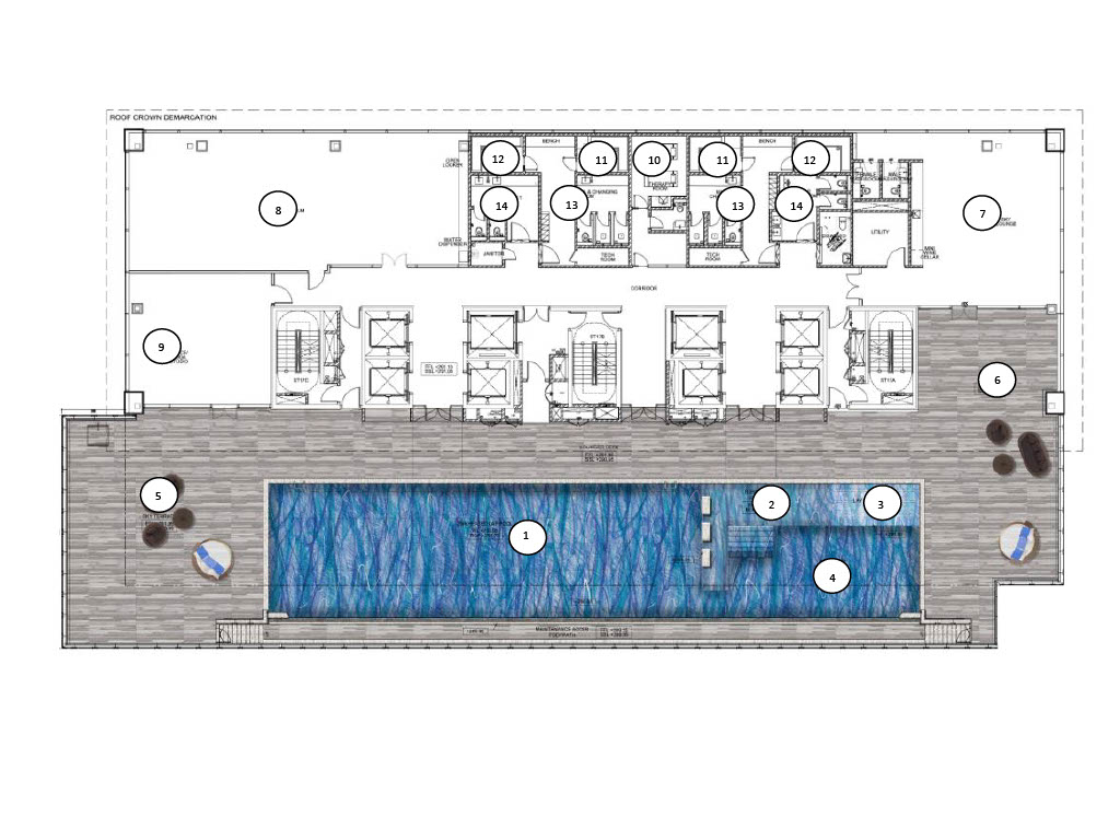 Level 51 sky facilities floor plan with numbered markers for the heated lap pool, sky terrace, gymnasium, spa, and washroom
