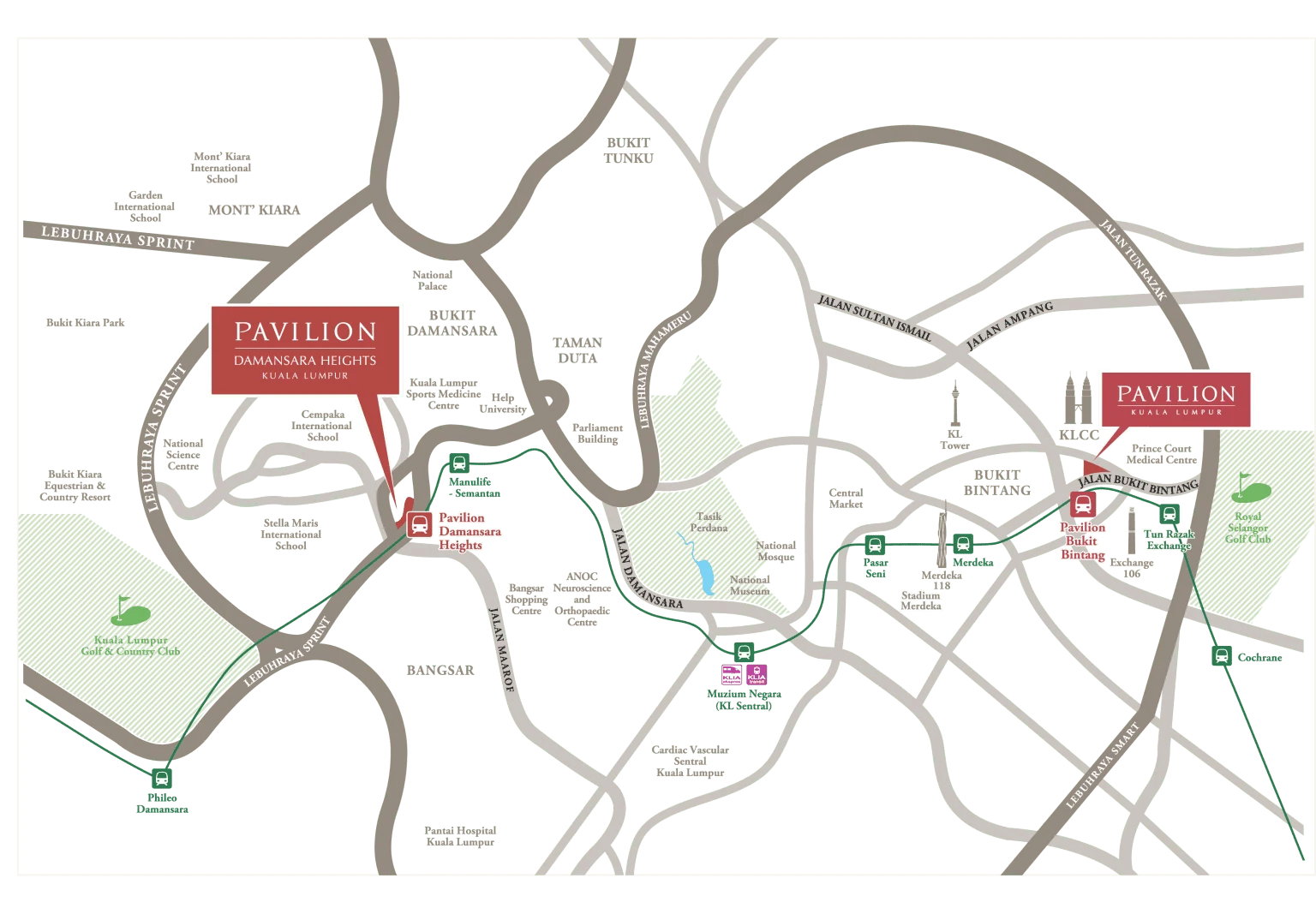 Pavilion Damansara Heights location map showing connectivity to Pavilion Kuala Lumpur, KL Sentral and KLIA