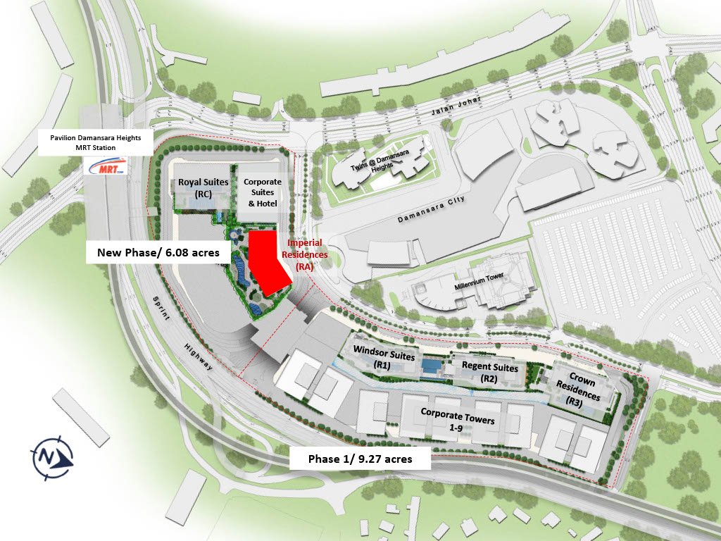 Pavilion Damansara Heights masterplan site map showing Phase 1 and the New Phase, MRT Station badge, and the red highlighted Imperial Residences plot