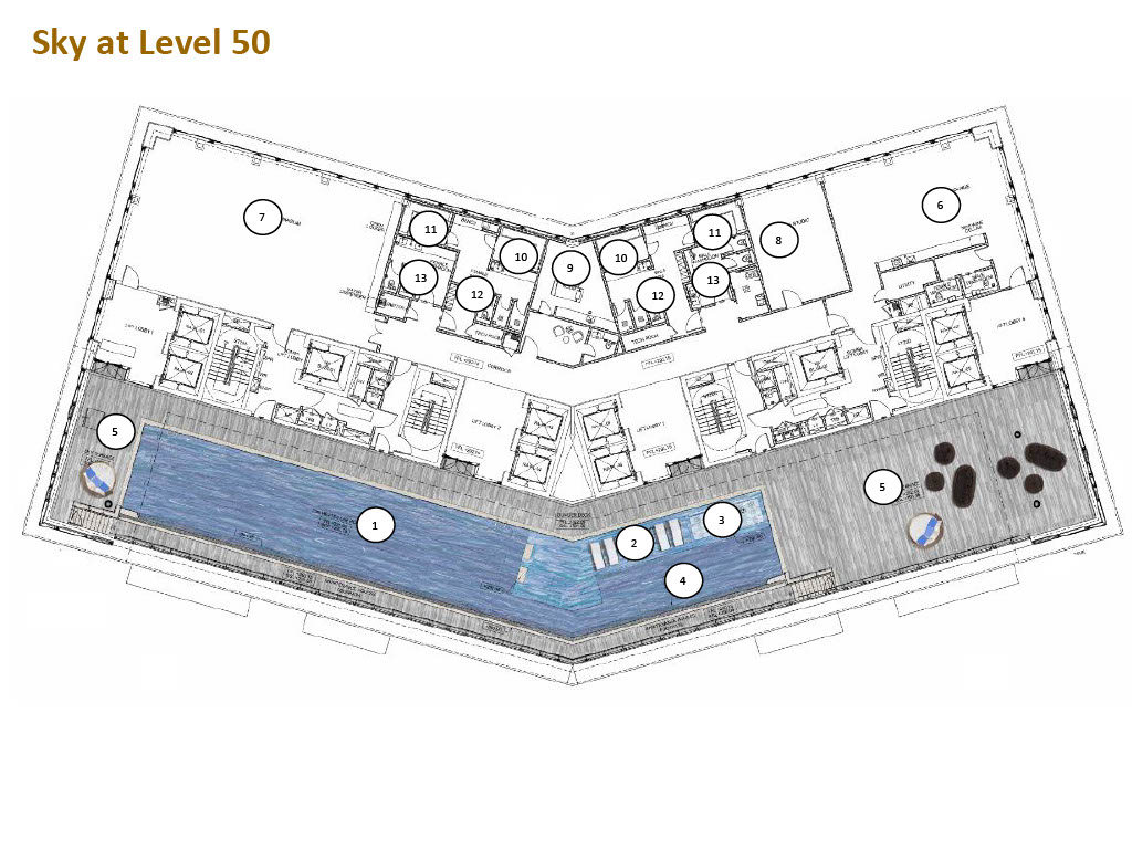 Level 50 sky facilities floor plan with numbered markers 1 to 13 for the heated lap pool, sky lounge, gymnasium, spa, and washroom
