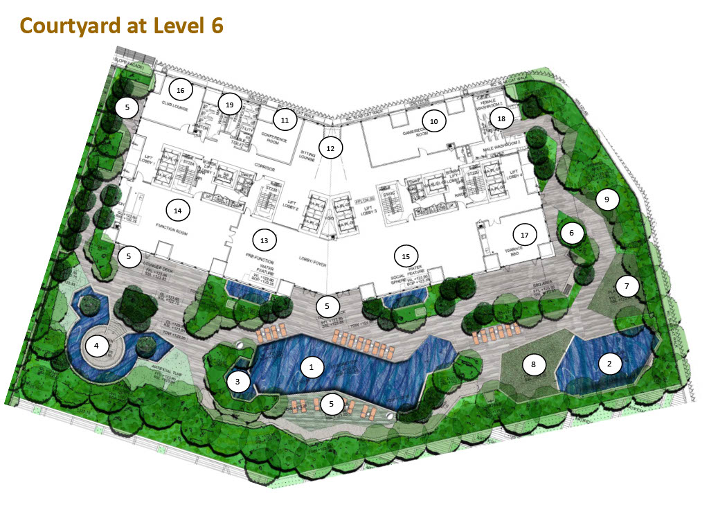 Imperial Residences Level 6 courtyard facilities floor plan with numbered markers 1 to 19 for pools, gardens, lounges and indoor facilities