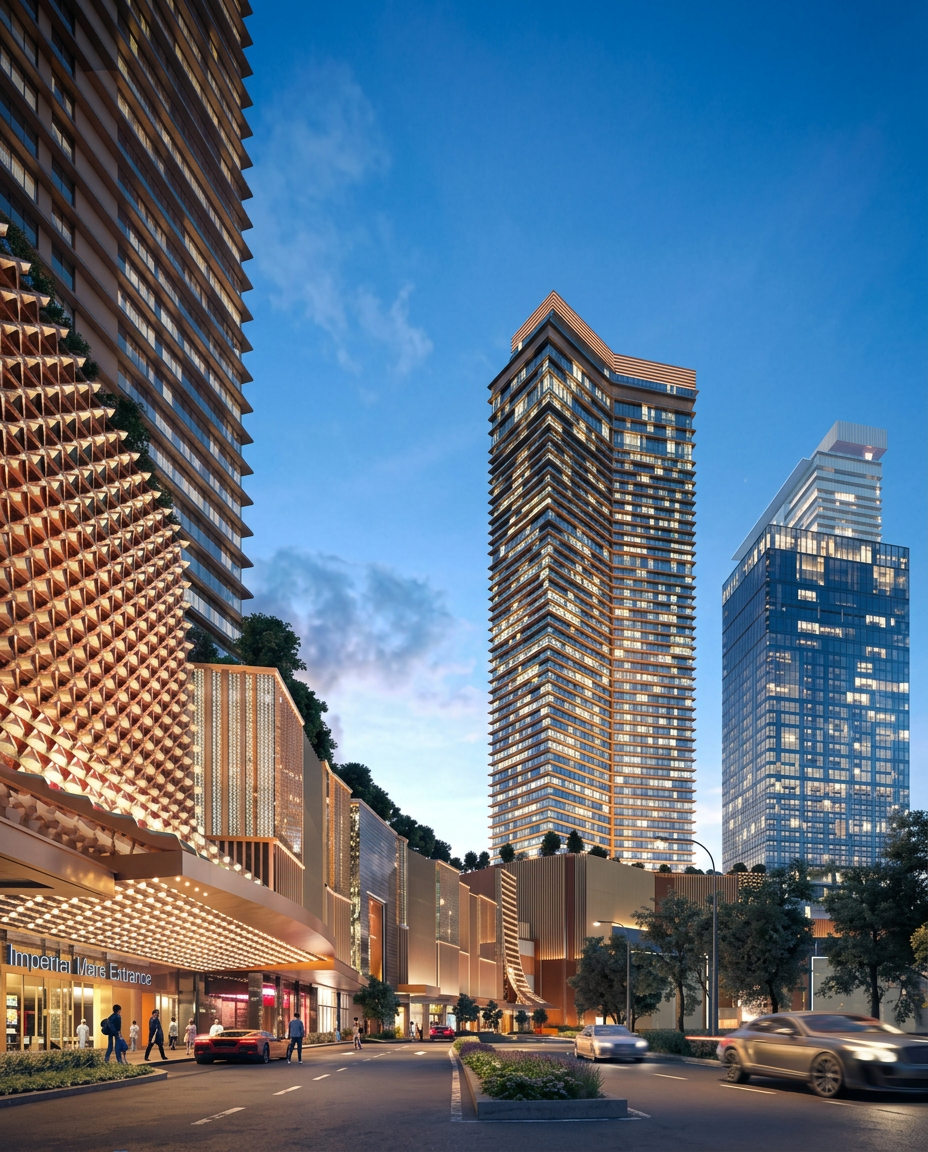 Modern luxury commercial development street view at dusk with illuminated glass facades and warm golden lighting